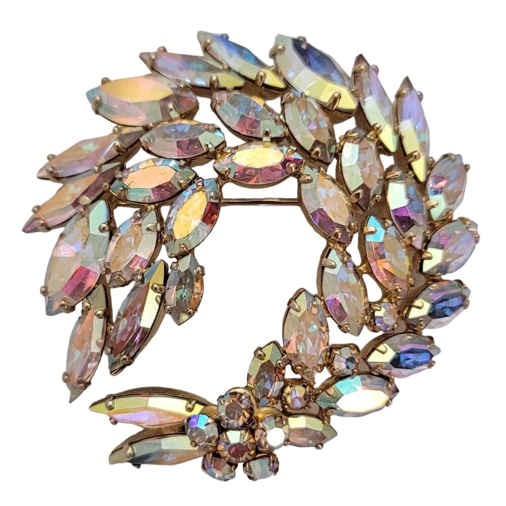 Sherman Gold Tone AB Rhinestone Swag Round Brooch, Signed E819